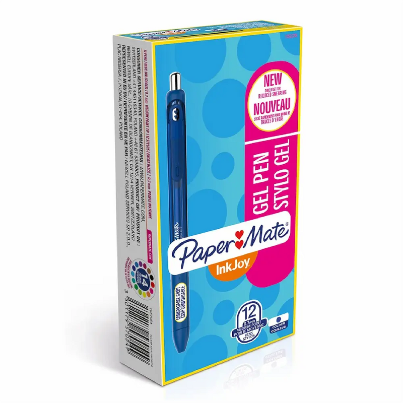 Papermate inkjoy blue ink medium point 0.7mm gel pens – box of 12 pens