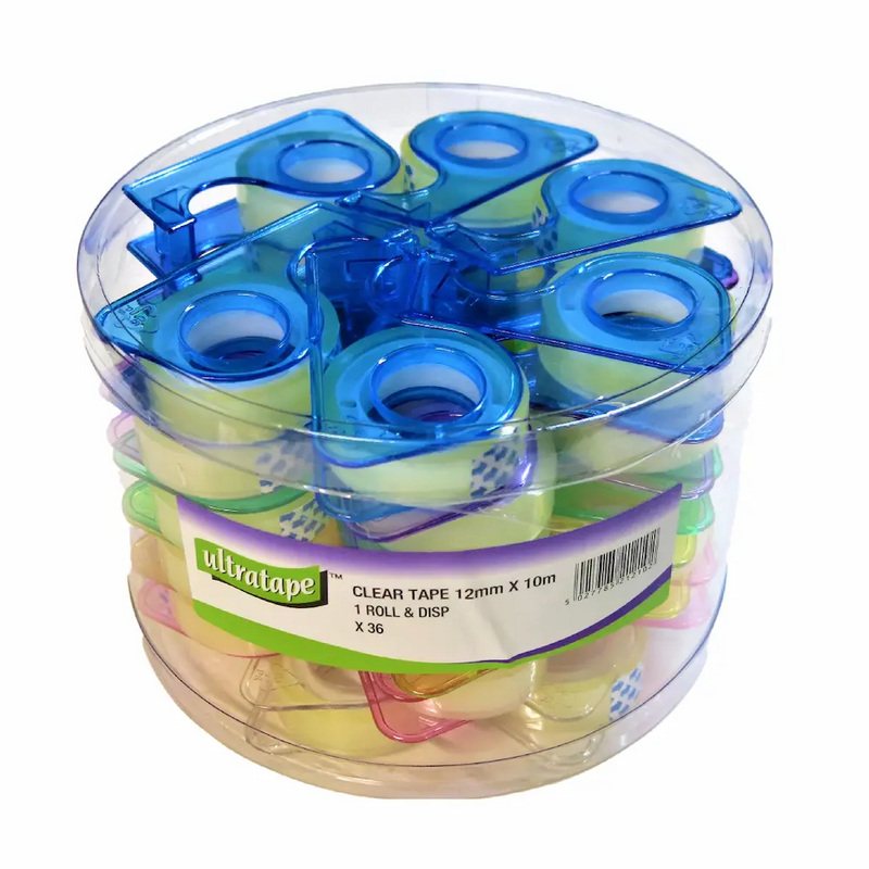 Ultratape 12mm x 10m mini clear tape with dispenser – tub of 36 rolls